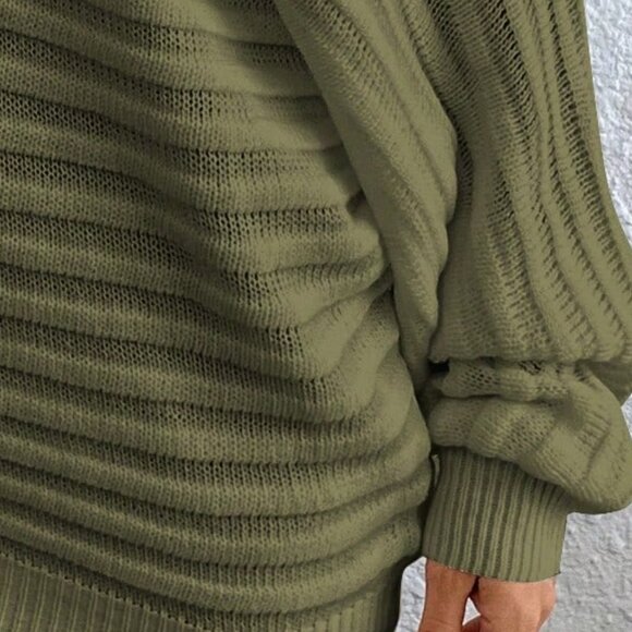 Army Green Casual Women's Boat Neck Batwing Sleeve Textured Knit Sweater - Picture 7 of 7
